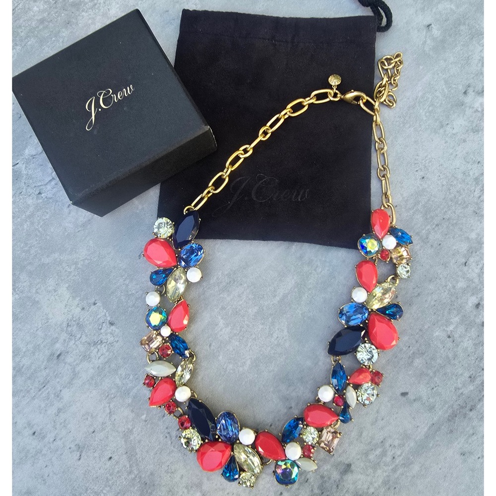 J.Crew Patriotic Statement Necklace Gold Tone Adjustable Red White Blue